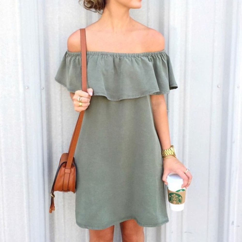 TopShop Olive Green Ruffled Off Shoulder Dress - Picture 2 of 8